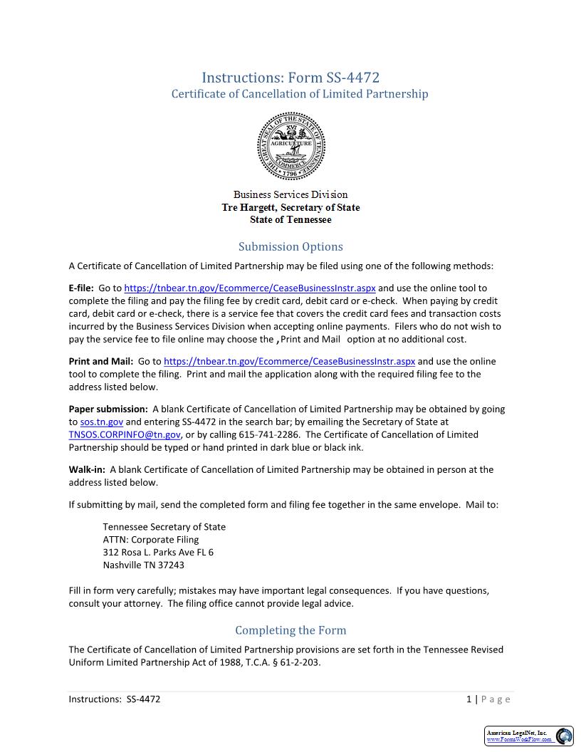 Certificate Of Cancellation Of LP {SS-4472} | Pdf Fpdf Docx | Tennessee