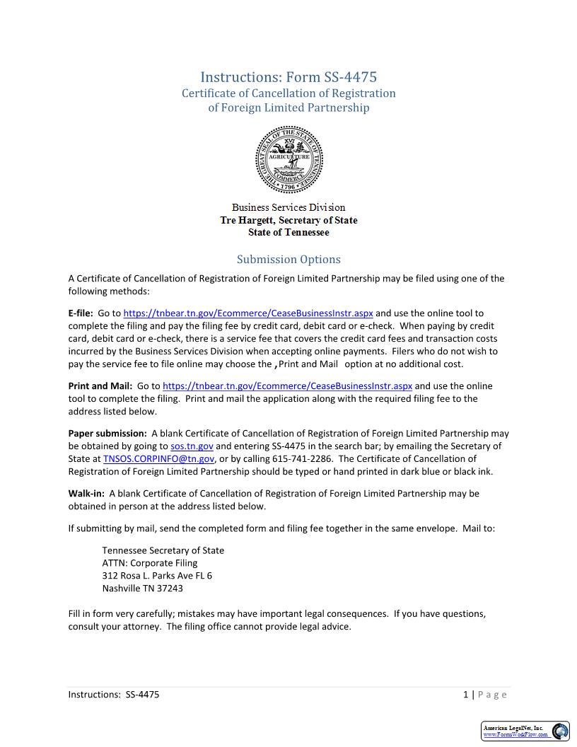 Certificate Of Cancellation Of Registration Of Foreign LP {SS-4475} | Pdf Fpdf Docx | Tennessee