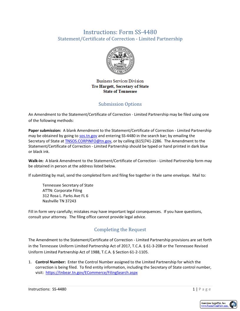 Certificate Of Correction Of LP {SS-4480} | Pdf Fpdf Docx | Tennessee
