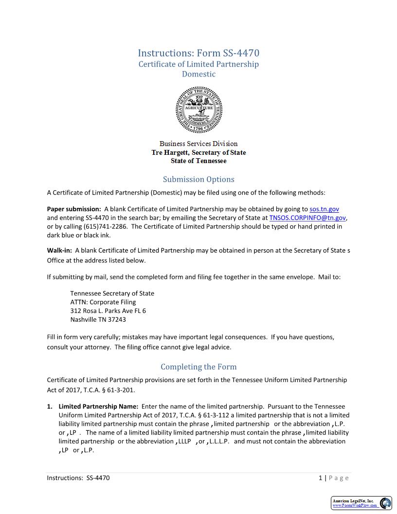 Certificate Of LP {SS-4470} | Pdf Fpdf Docx | Tennessee