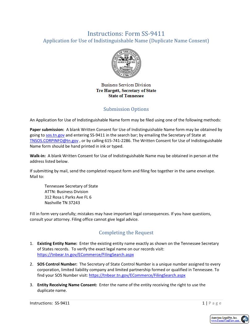 Duplicate Name Consent {SS-9411} | Pdf Fpdf Docx | Tennessee