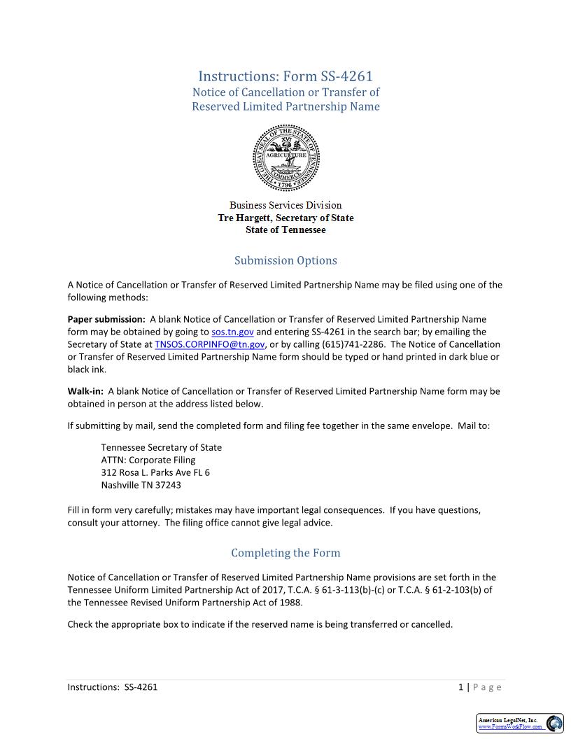Notice Of Cancellation Of Reserved LP Name {SS-4261} | Pdf Fpdf Docx | Tennessee