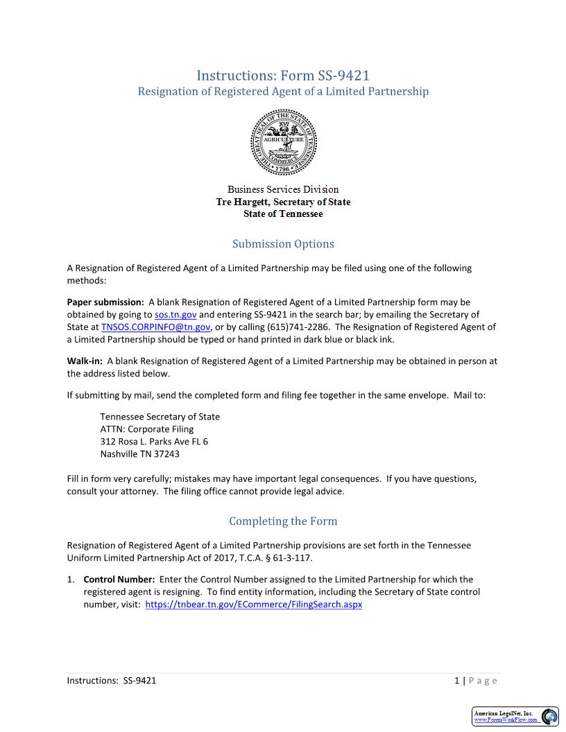 Resignation Of Registered Agent {SS-9421} | Pdf Fpdf Docx | Tennessee