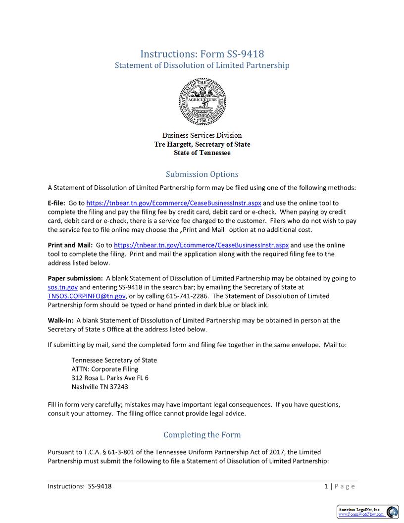Statement Of Dissolution {SS-9418} | Pdf Fpdf Docx | Tennessee