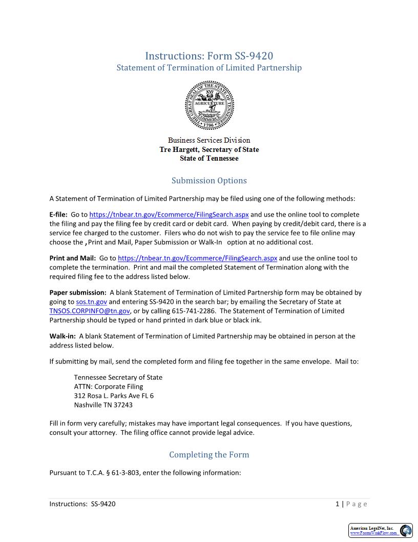 Statement Of Termination {SS-9420} | Pdf Fpdf Docx | Tennessee