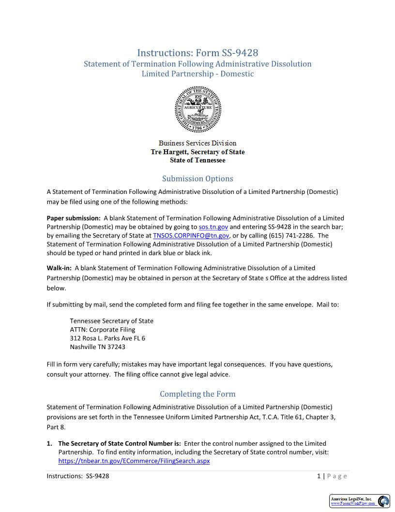 Statement Of Termination Following Administrative Dissolution {SS-9428} | Pdf Fpdf Docx | Tennessee