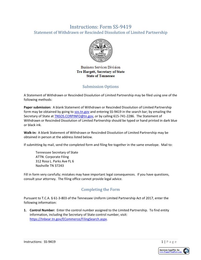 Statement Of Withdrawn Or Rescinded Dissolution {SS-9419} | Pdf Fpdf Docx | Tennessee