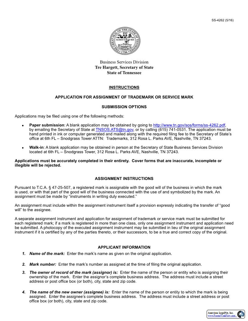 Application For Assignment Of Trademark Or Service Mark {SS-4262} | Pdf Fpdf Docx | Tennessee