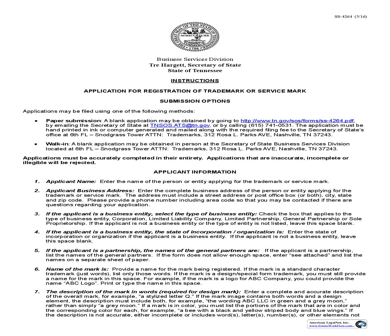 Application For Registration Of Trademark Or Service Mark {SS-4264} | Pdf Fpdf Doc Docx | Tennessee