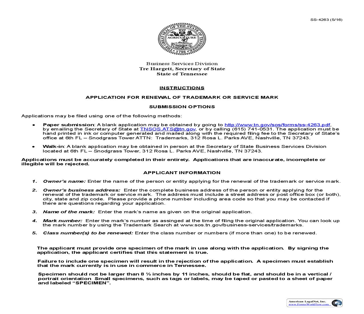 Application For Renewal Of Trademark Or Service Mark {SS-4263} | Pdf Fpdf Doc Docx | Tennessee