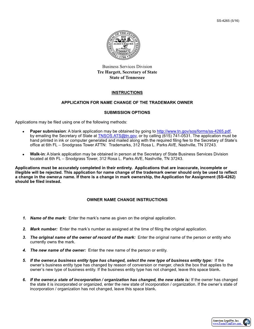 Name Change Of Owner {SS-4265} | Pdf Fpdf Docx | Tennessee