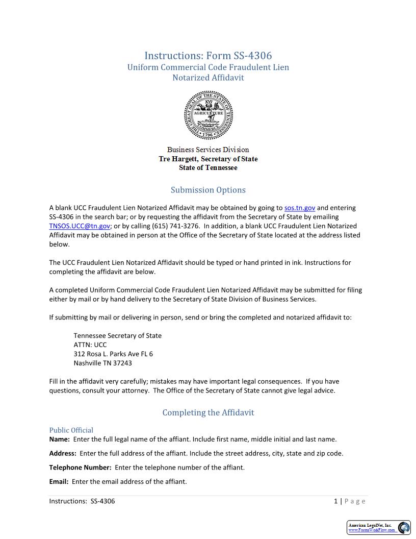 Fraudulent Lien Filing Affidavit {SS-4306} | Pdf Fpdf Docx | Tennessee
