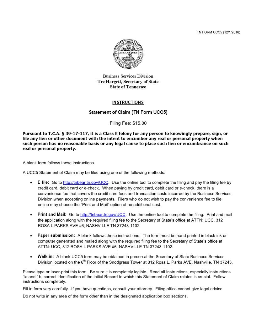 National Correction Statement Form With Instructions {UCC5} | Pdf Fpdf Doc Docx | Tennessee