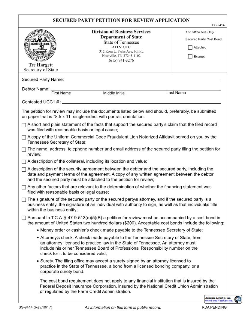 Secured Party Petition For Review {SS-9414} | Pdf Fpdf Docx | Tennessee