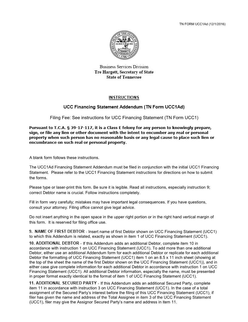 UCC Financing Statement Addendum Form With Instructions {UCC1AD} | Pdf Fpdf Doc Docx | Tennessee