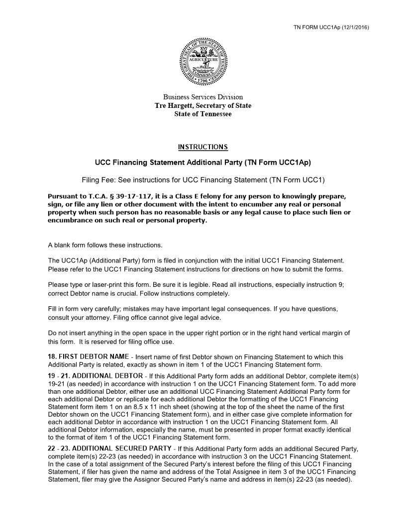 UCC Financing Statement Additional Party Form With Instructions {UCC1AP} | Pdf Fpdf Doc Docx | Tennessee