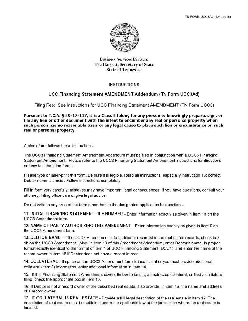 UCC Financing Statement Amendment Addendum Form With Instructions {UCC3AD} | Pdf Fpdf Doc Docx | Tennessee