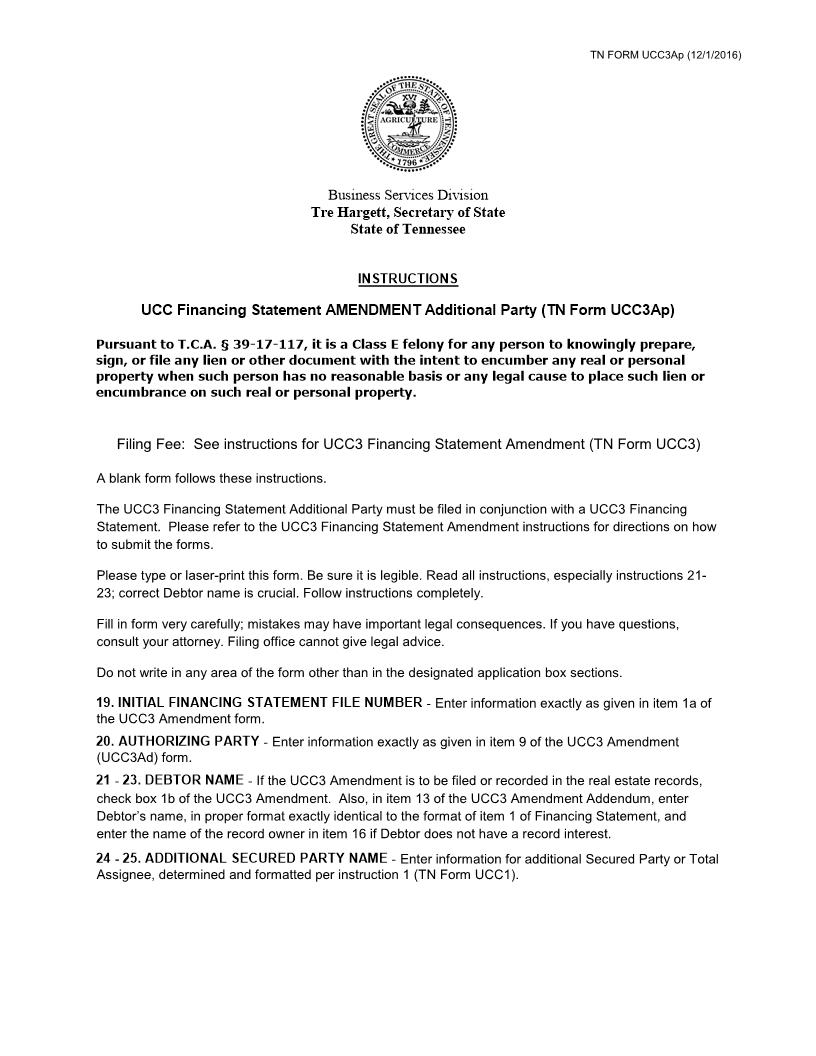 UCC Financing Statement Amendment Additional Party Form With Instructions {UCC3AP} | Pdf Fpdf Doc Docx | Tennessee