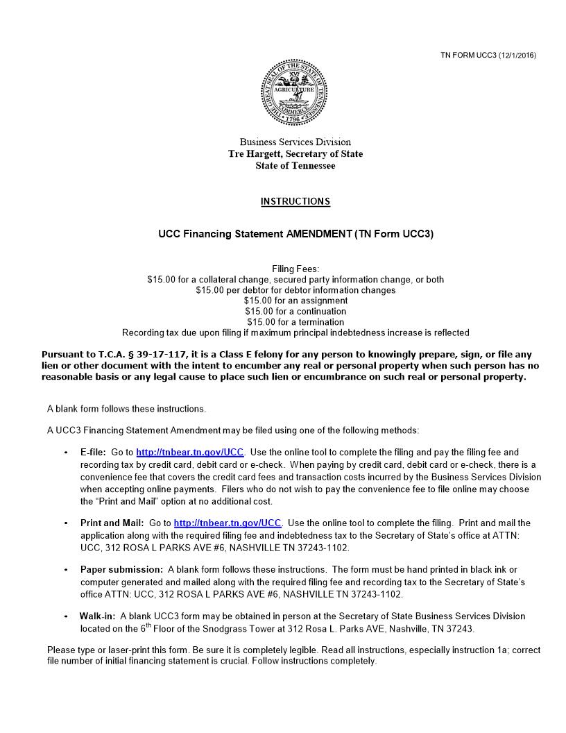 UCC Financing Statement Amendment Form With Instructions {UCC3} | Pdf Fpdf Doc Docx | Tennessee