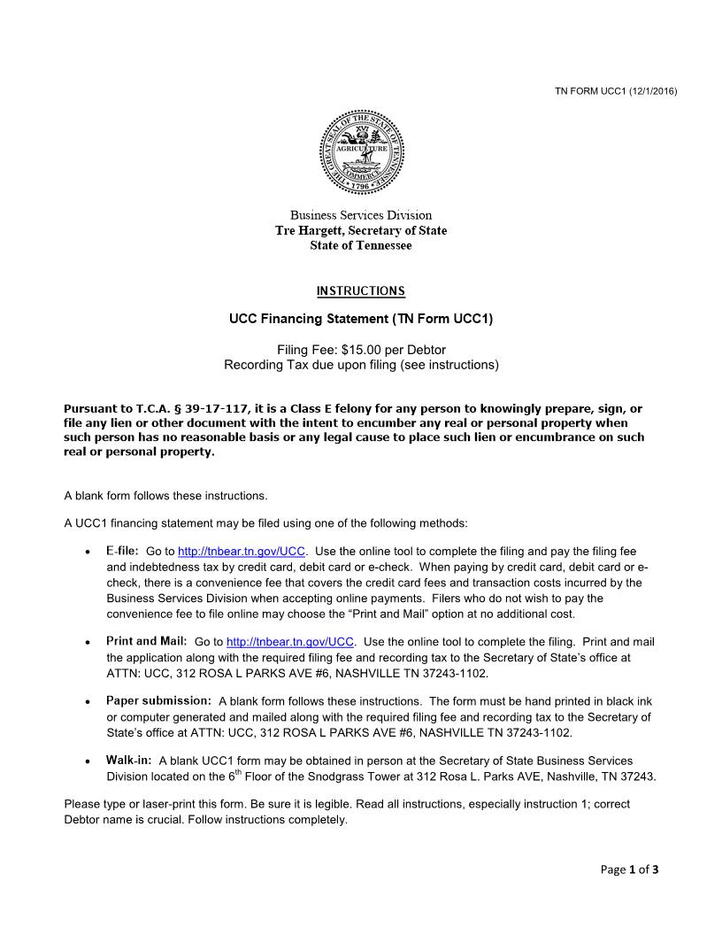 UCC Financing Statement Form (With TN MPI Language) {UCC1} | Pdf Fpdf Doc Docx | Tennessee