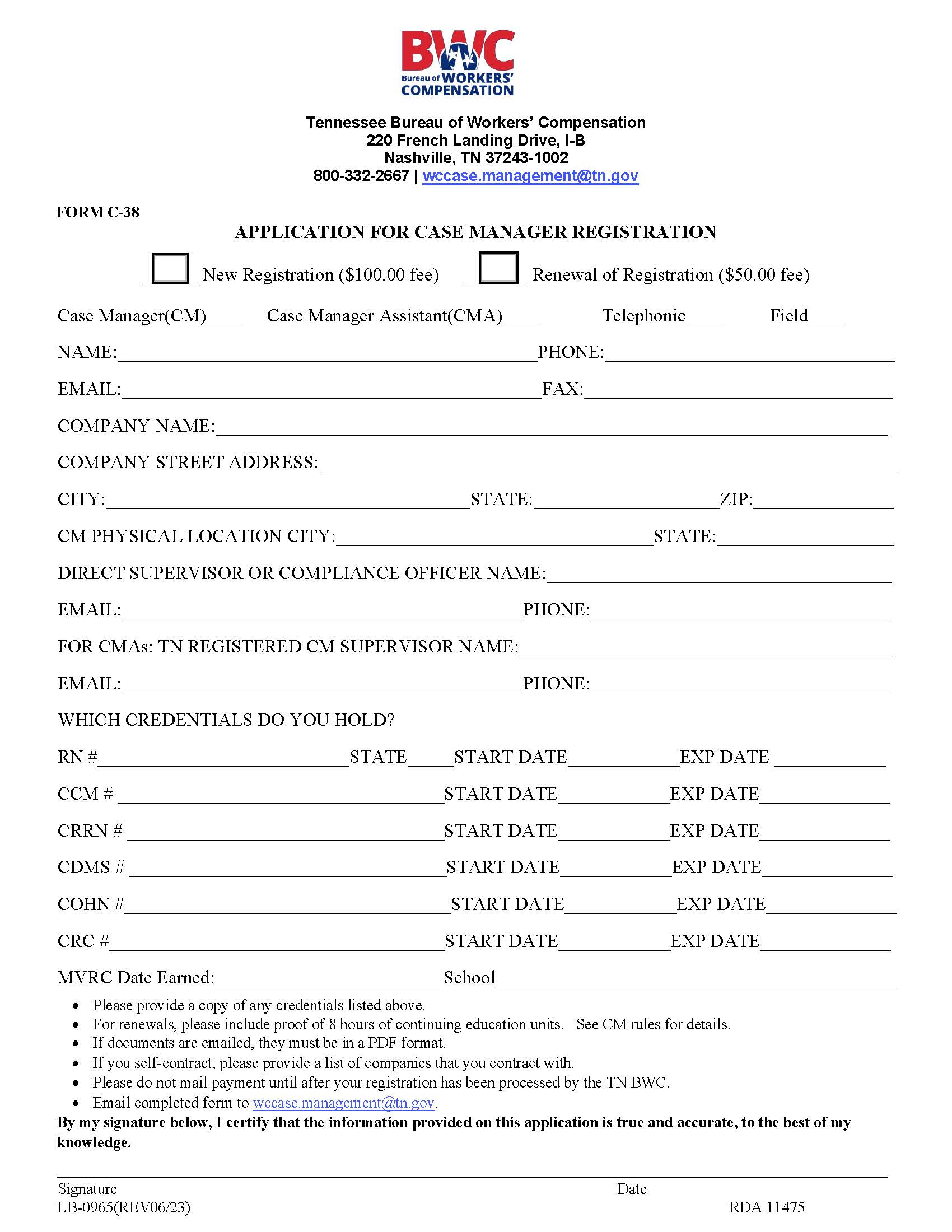 Application For Case Management Registration {C-38} | Pdf Fpdf Docx | Tennessee