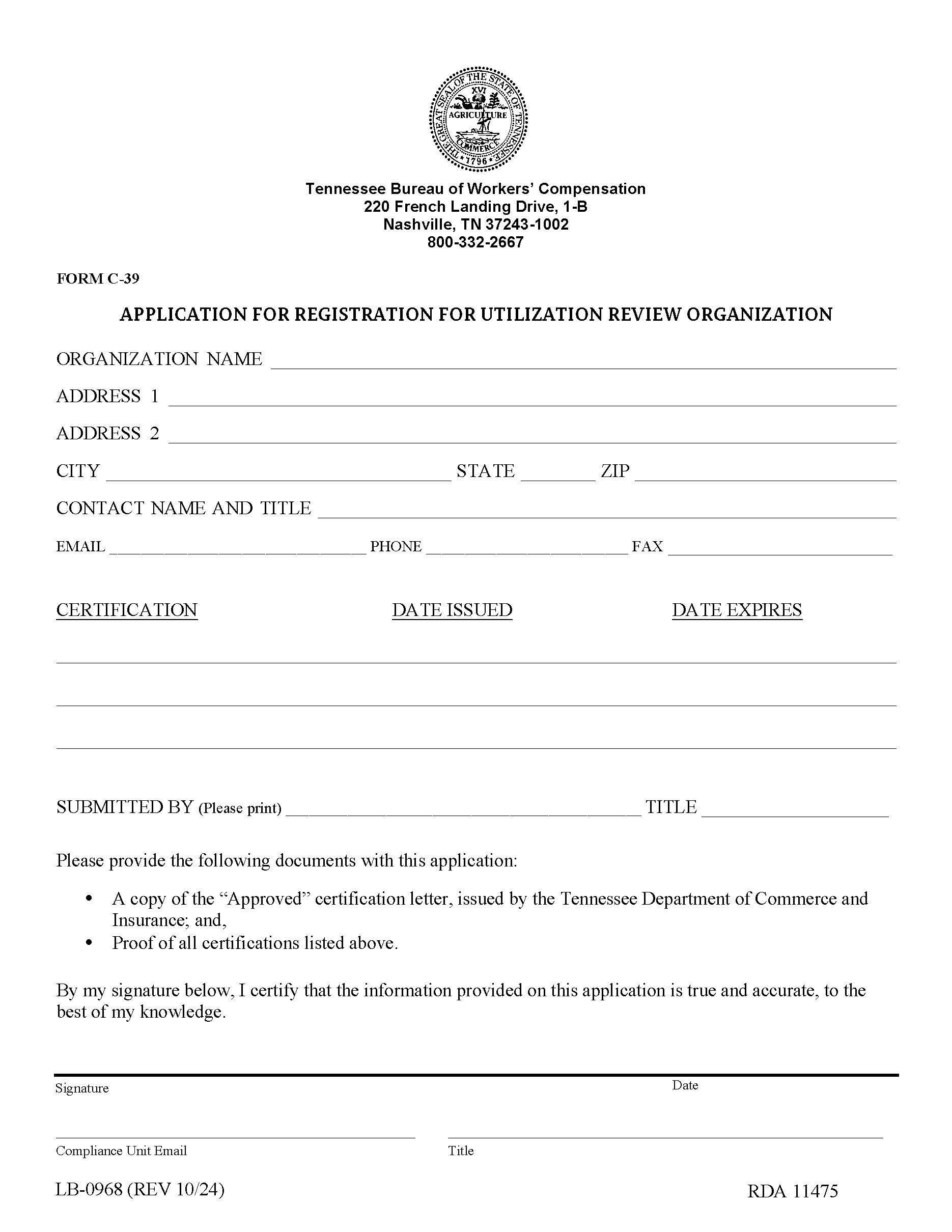 Application For Registration For Utilization Review Organization {C-39} | Pdf Fpdf Doc Docx | Tennessee