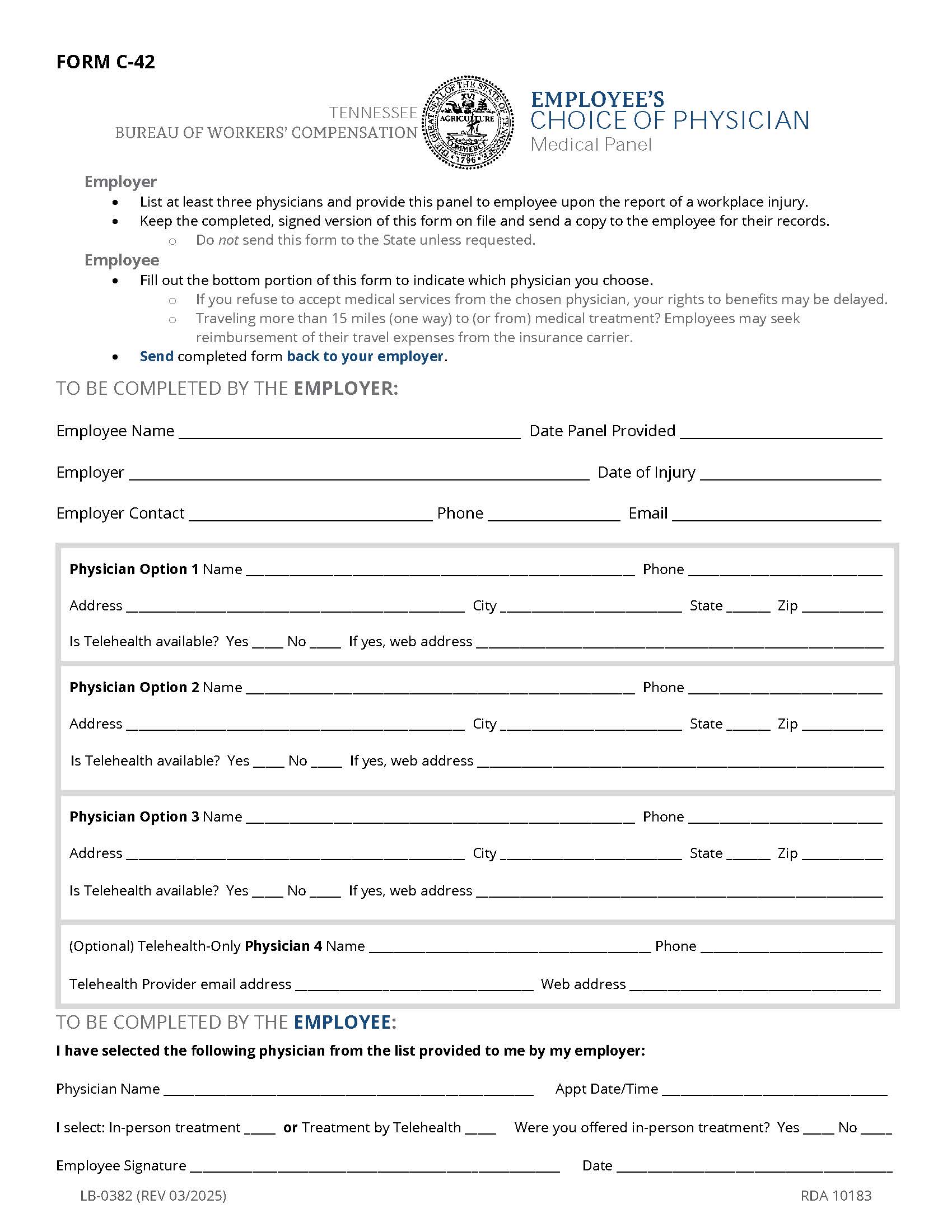 Employee Choice Of Physician Form {C-42} | Pdf Fpdf Docx | Tennessee
