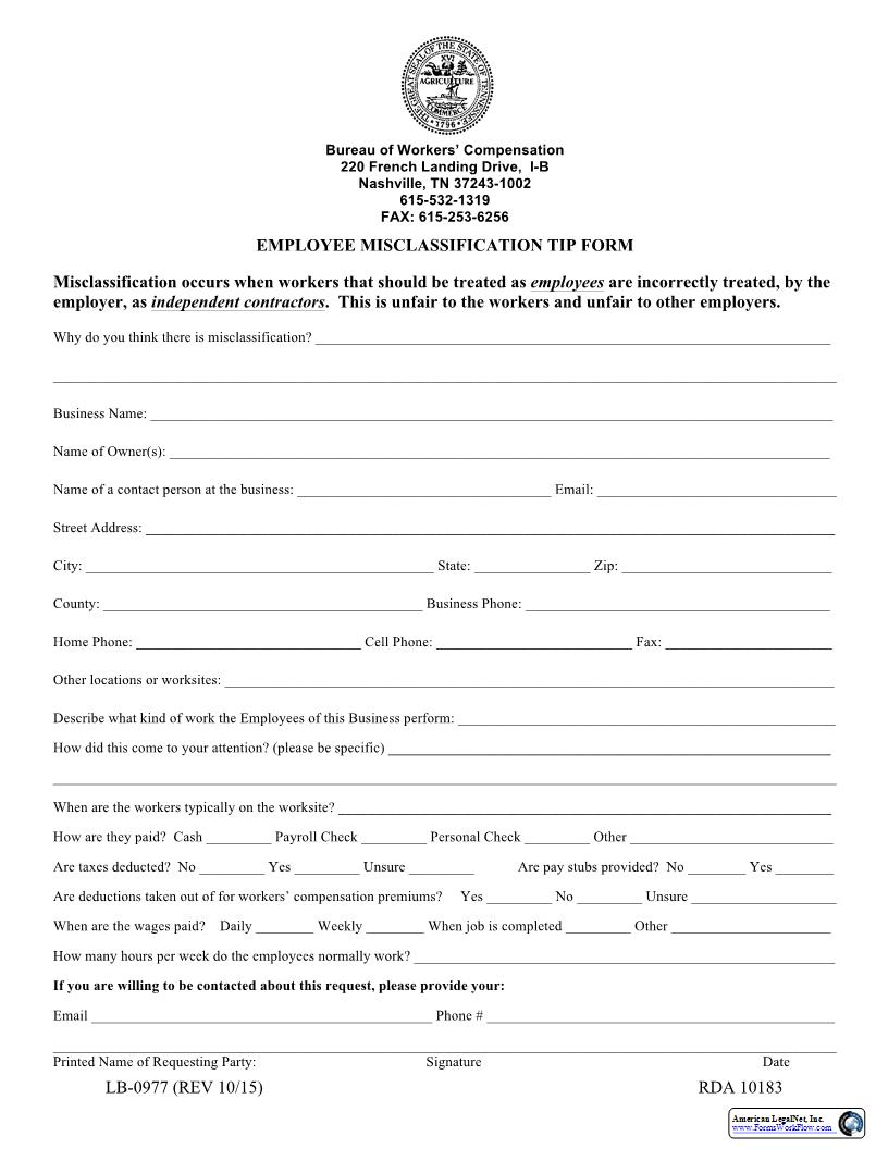 Employee Misclassification {LB-0977} | Pdf Fpdf Docx | Tennessee
