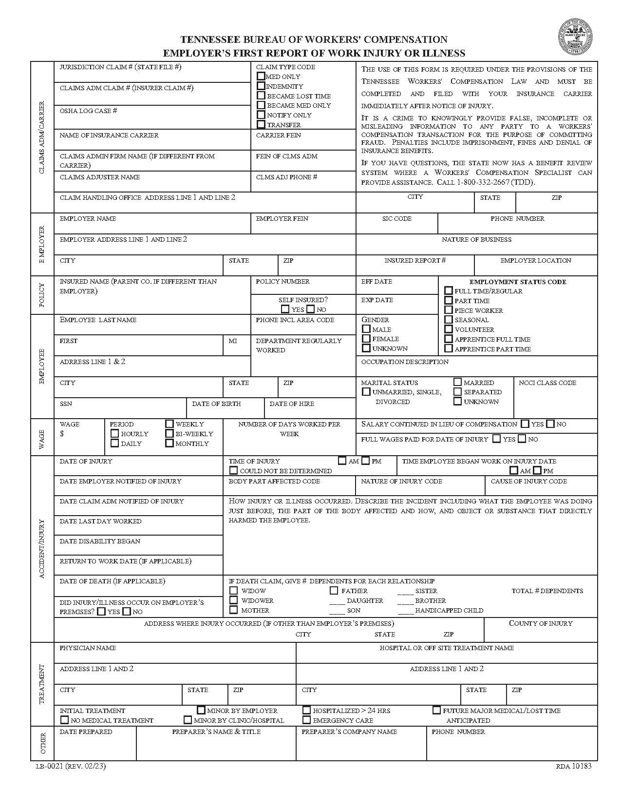 Employers First Report Of Work Injury Or Illness {LB-0021} | Pdf Fpdf Docx | Tennessee