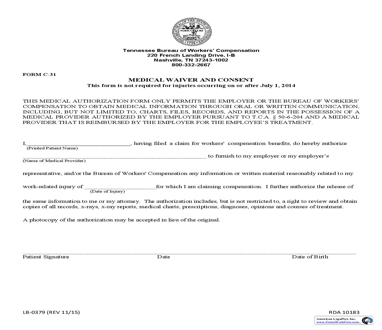Form C-31 Medical Waiver And Consent {LB-0379} | Pdf Fpdf Doc Docx | Tennessee