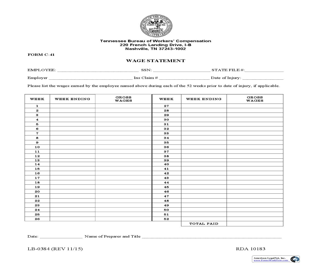 Form C-41 Wage Statement {LB-0384} | Pdf Fpdf Doc Docx | Tennessee