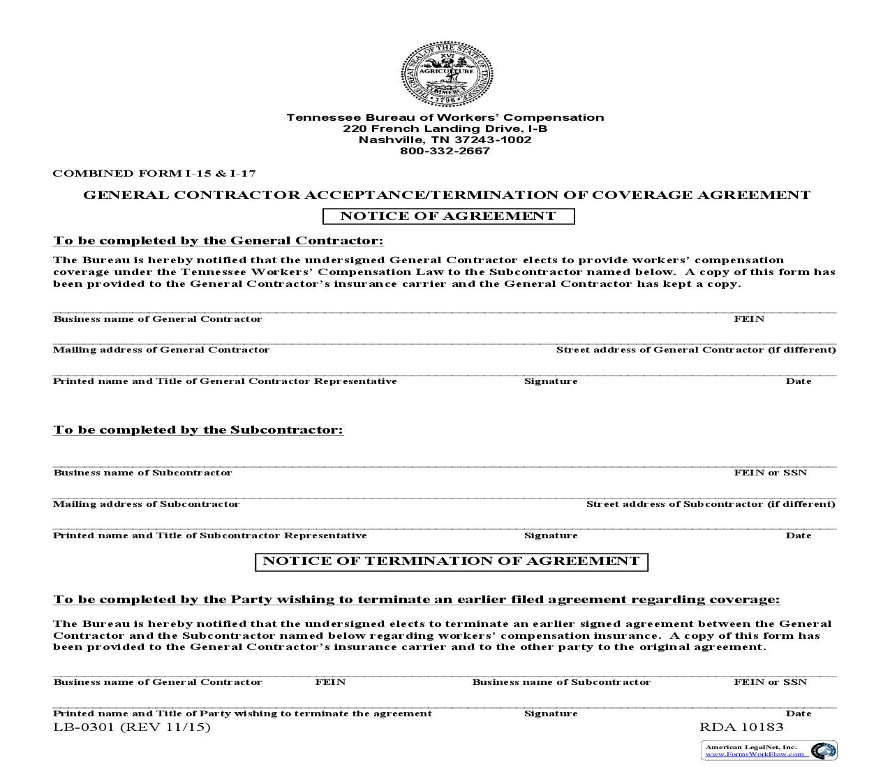 General Contactor Acceptance Termination Of Coverage Agreement {I-15, I-17} | Pdf Fpdf Doc Docx | Tennessee
