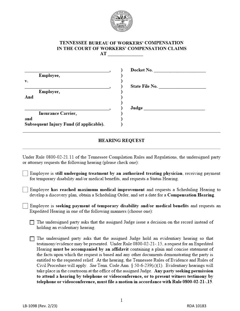 Hearing Request {LB-1098} | Pdf Fpdf Docx | Tennessee