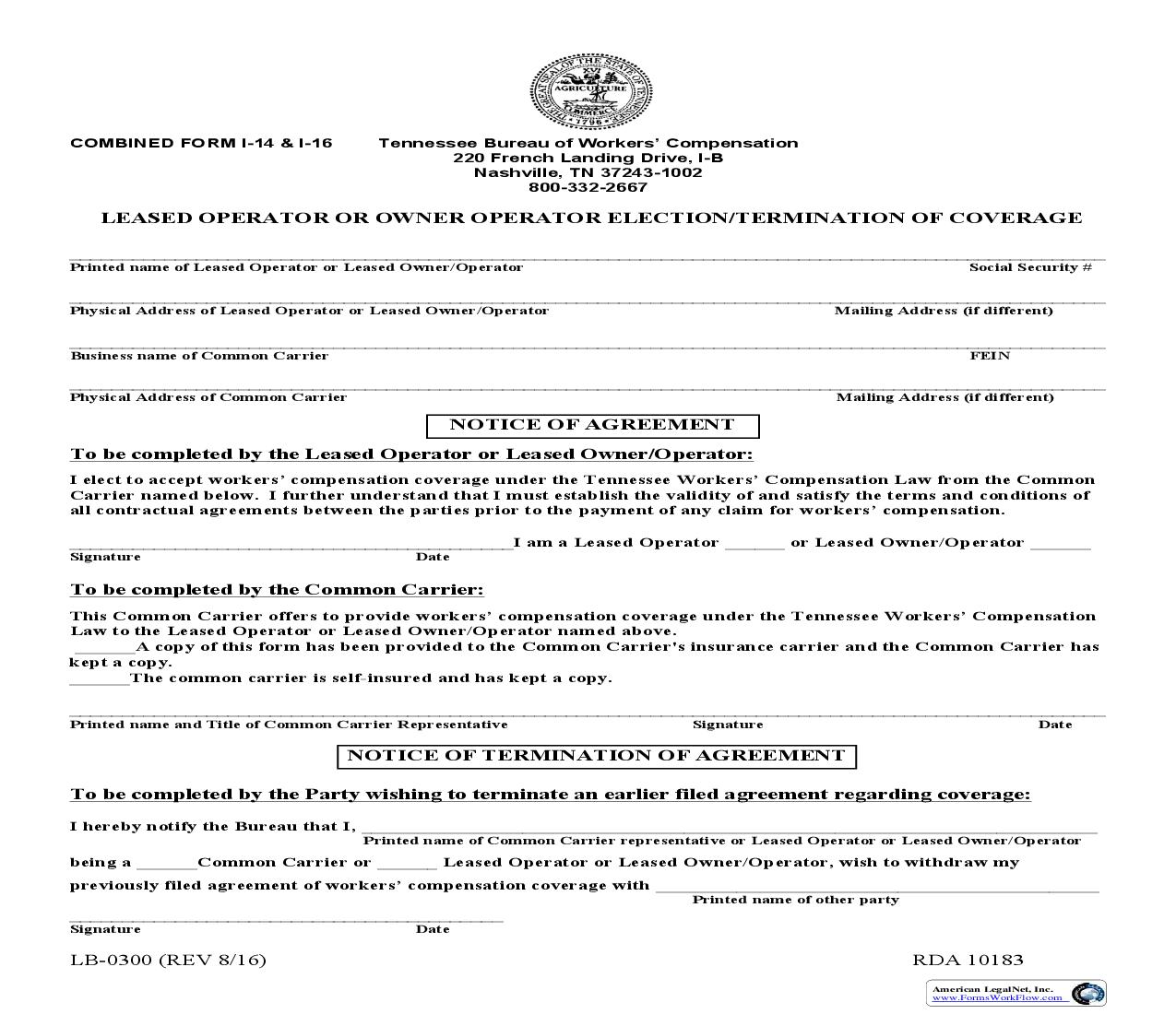 Leased Operator Or Owner Operator Election Termination Of Coverage {I-14, I-16} | Pdf Fpdf Doc Docx | Tennessee