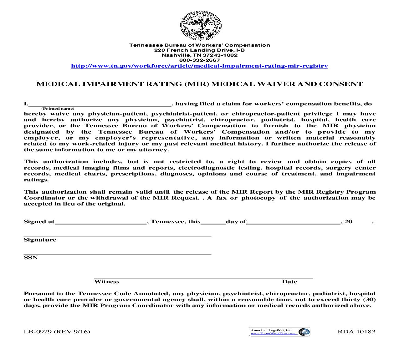 Medical Impairment Rating (MIR) Medical Waiver And Consent {LB-0929} | Pdf Fpdf Doc Docx | Tennessee