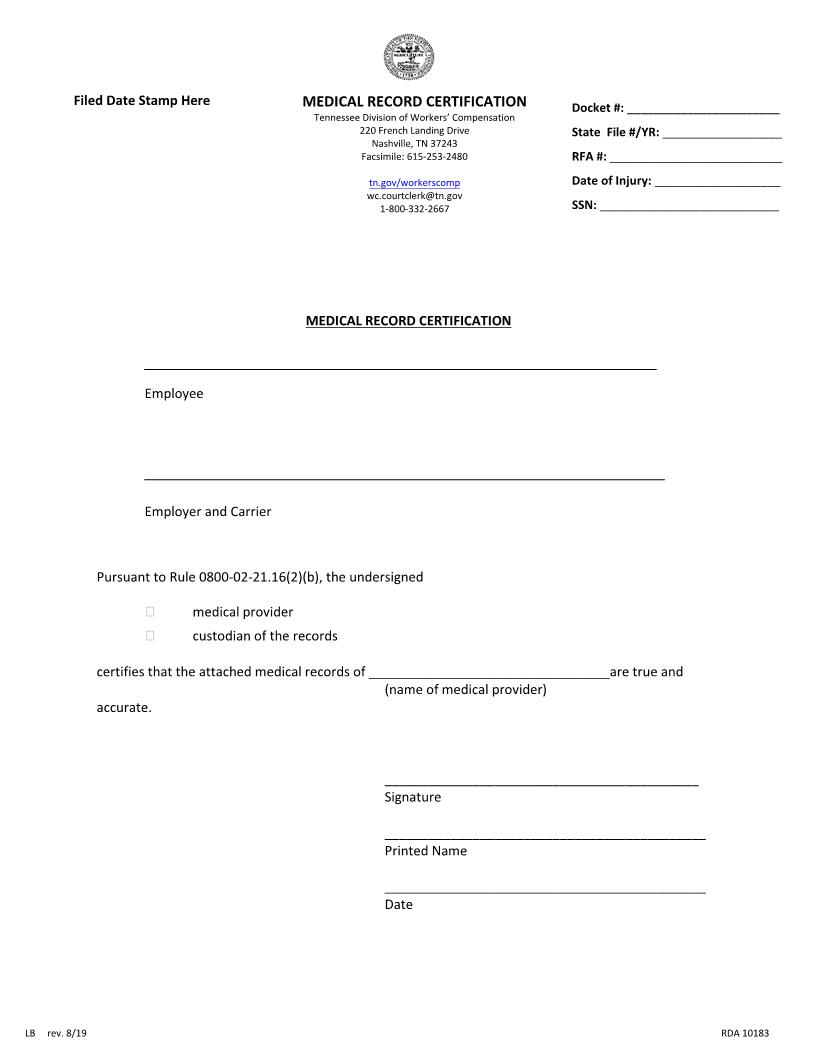 Medical Record Certification | Pdf Fpdf Docx | Tennessee