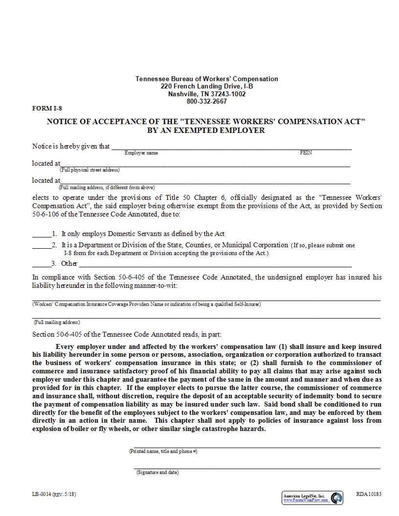 Notice Of Acceptance Of Workers Compensation Act {I-8} | Pdf Fpdf Docx | Tennessee