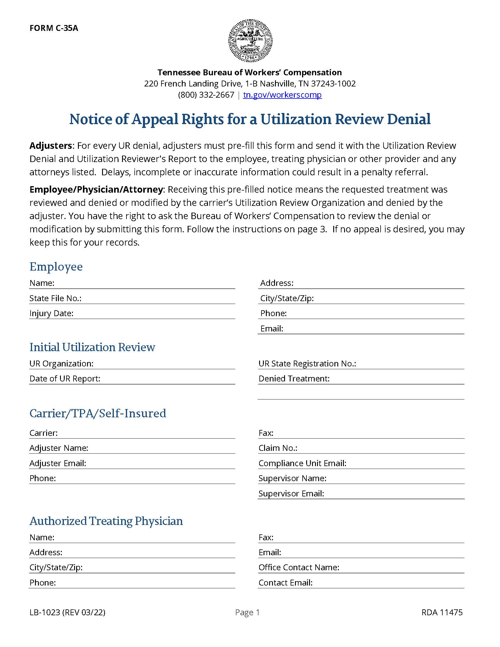 Notice Of Appeal Rights For A Utilization Review Denial {C-35A} | Pdf Fpdf Docx | Tennessee