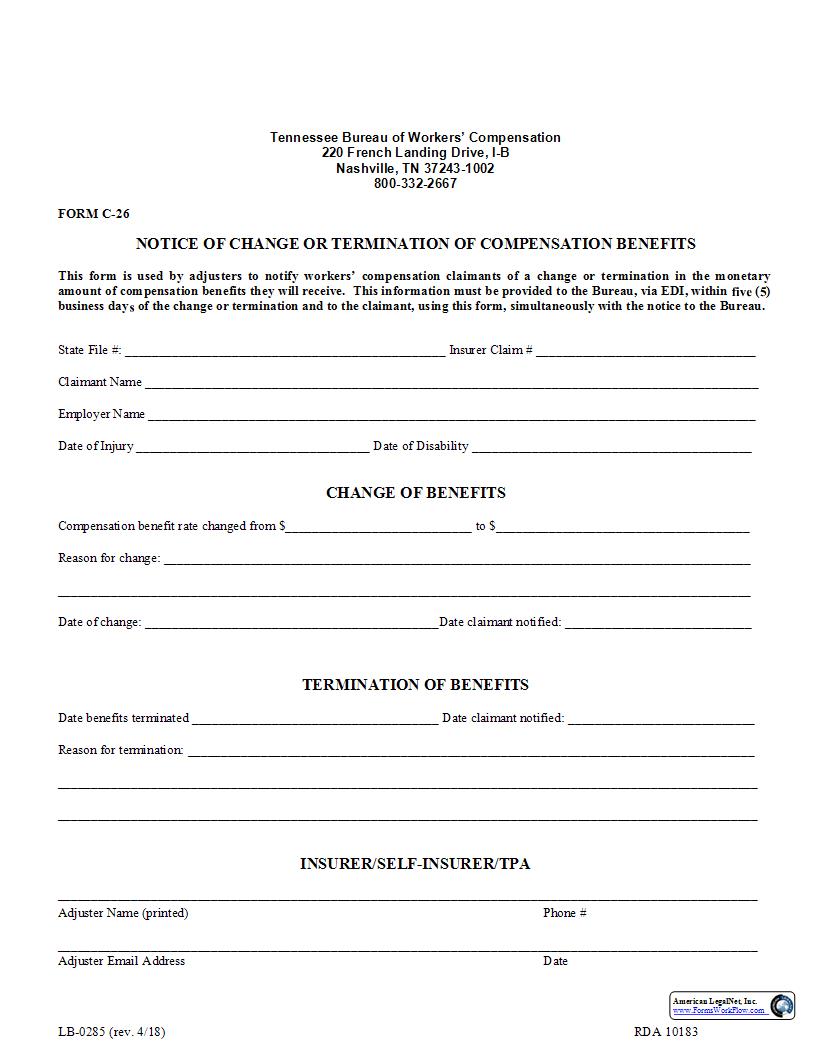Notice Of Change Or Termination Of Compensation Benefits {C-26} | Pdf Fpdf Docx | Tennessee
