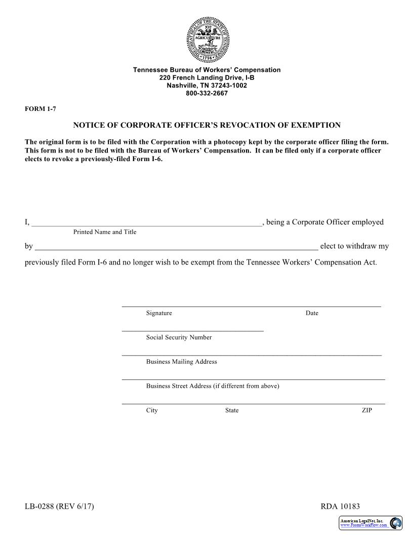 Notice Of Corporate Officers Revocation Of Exemption {I-7} | Pdf Fpdf Docx | Tennessee
