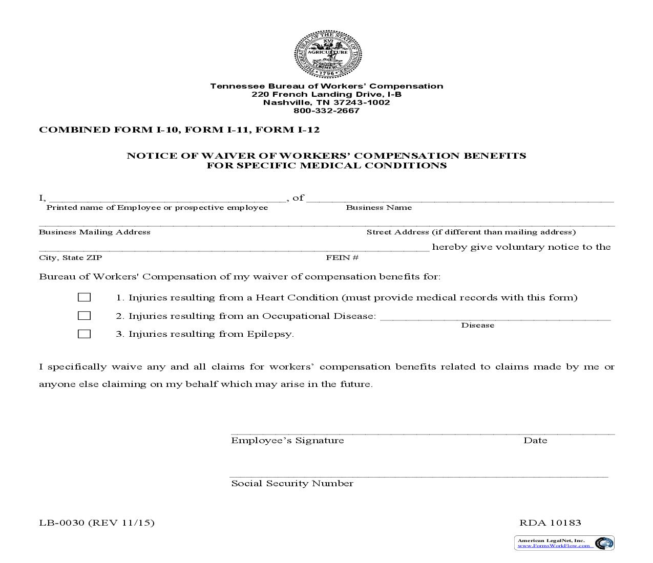 Notice Of Waiver Of Workers Compensation Benefits For Special Medical Conditions {I-10, I-11, I-12} | Pdf Fpdf Doc Docx | Tennessee