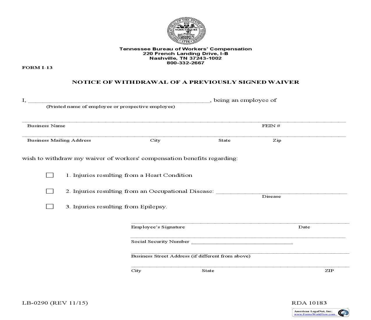 Notice Of Withdrawal Of A Previously Signed Waiver {I-13} | Pdf Fpdf Doc Docx | Tennessee