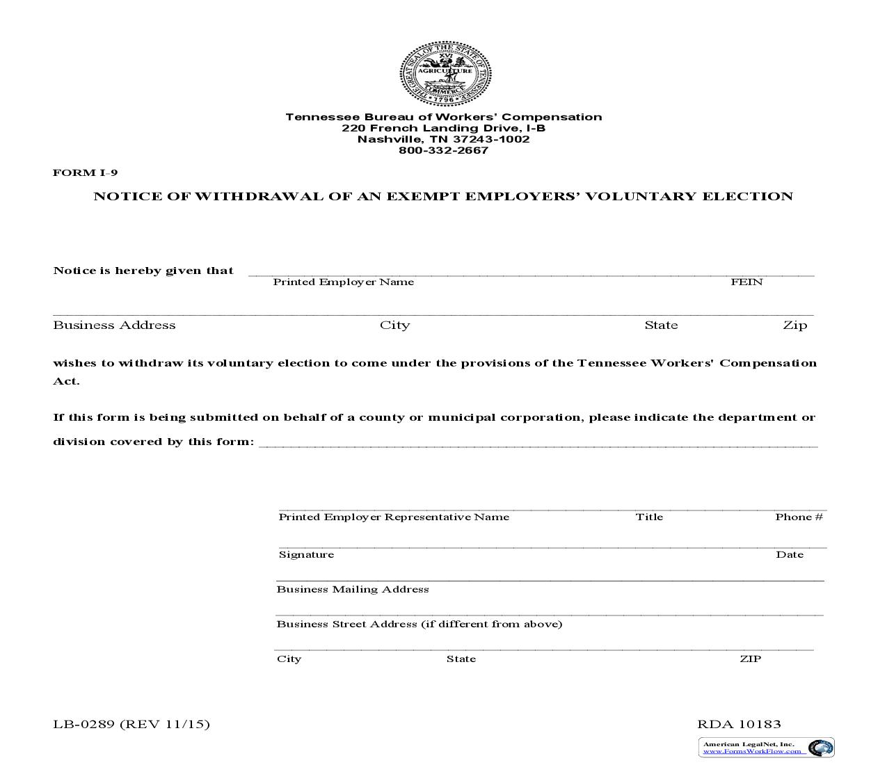 Notice Of Withdrawal Of Exempt Employers Voluntary Election {I-9} | Pdf Fpdf Doc Docx | Tennessee