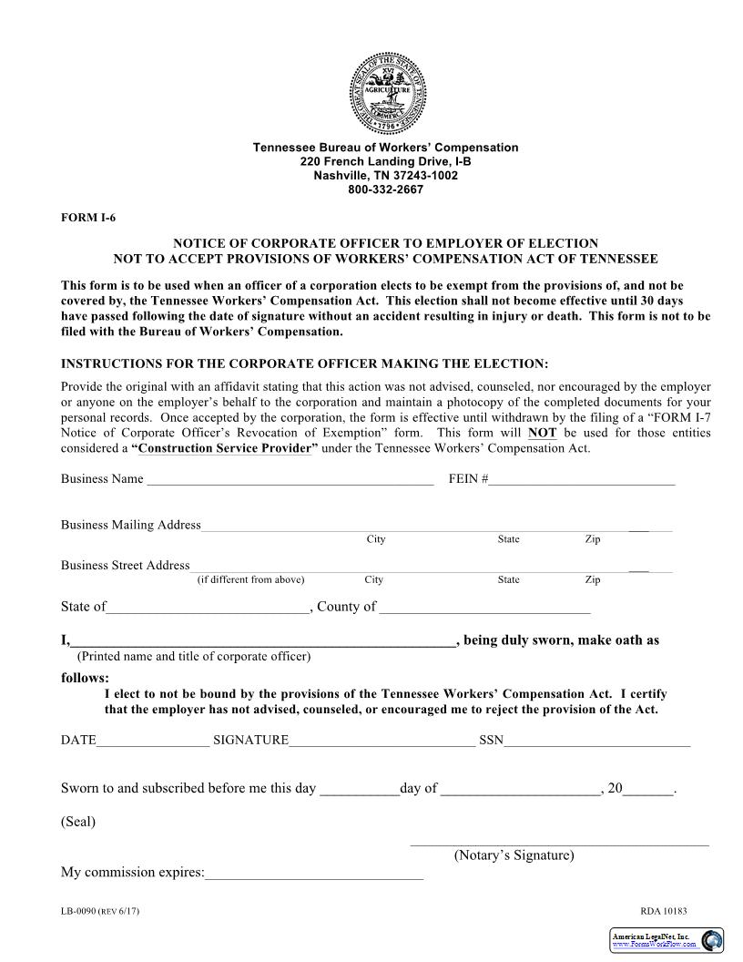 Notice To Not Accept Workers Compensation Act Provisions {I-6} | Pdf Fpdf Docx | Tennessee