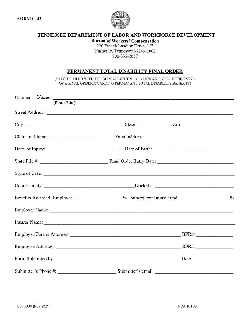 Permanent Total Disability Final Order {C-43} | Pdf Fpdf Doc Docx | Tennessee