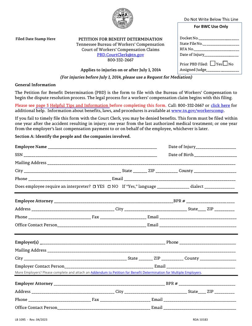 Petition For Benefit Determination {LB-1095} | Pdf Fpdf Docx | Tennessee