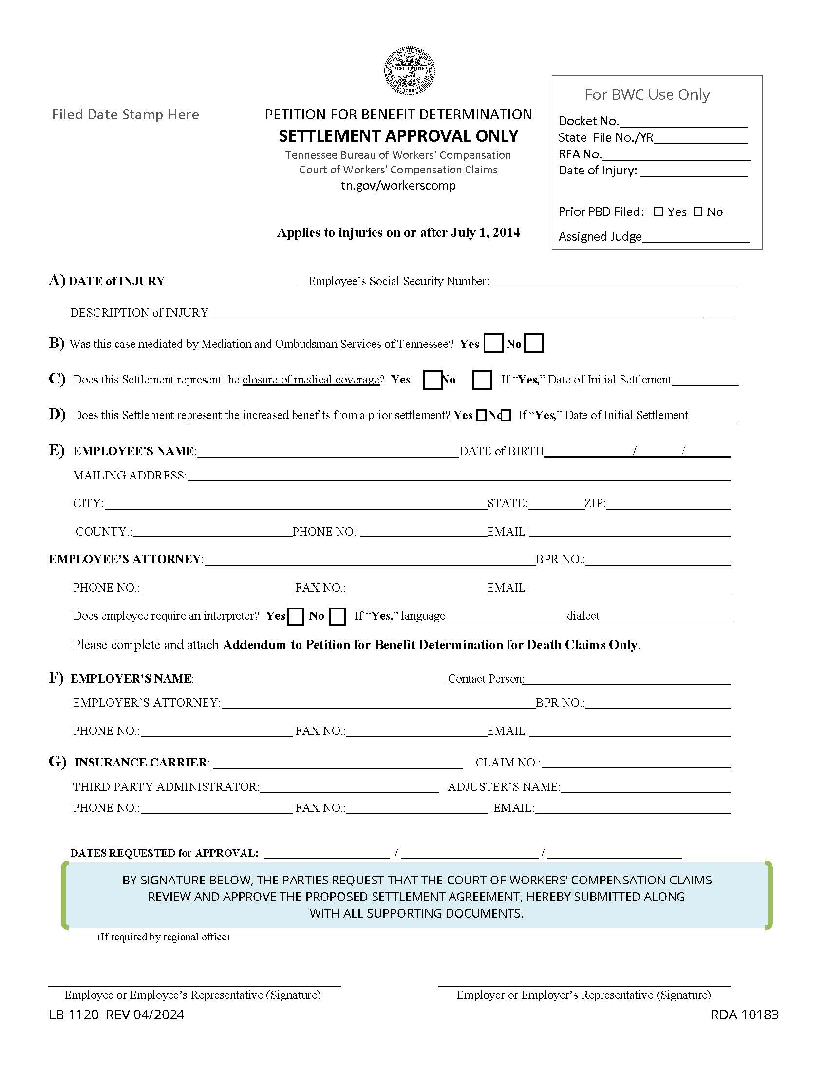 Petition For Benefit Determination {LB-1120} | Pdf Fpdf Docx | Tennessee