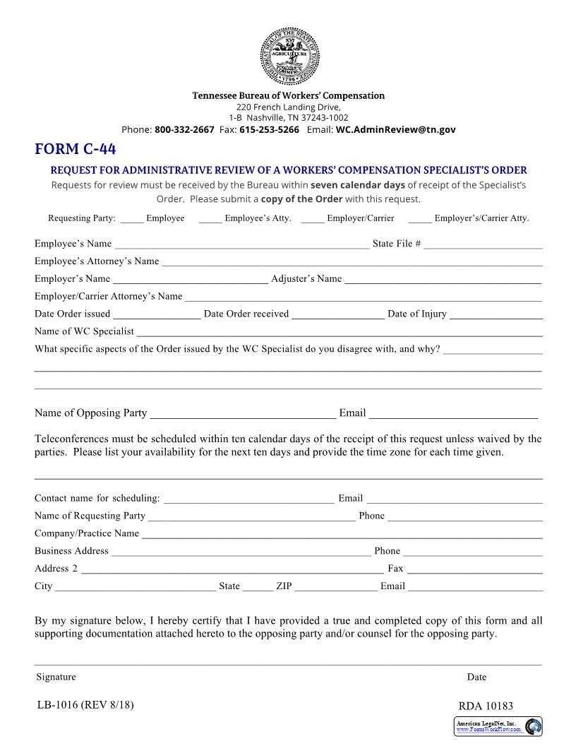 Request For Administrative Review Of A WC Specialists Order {C-44} | Pdf Fpdf Docx | Tennessee