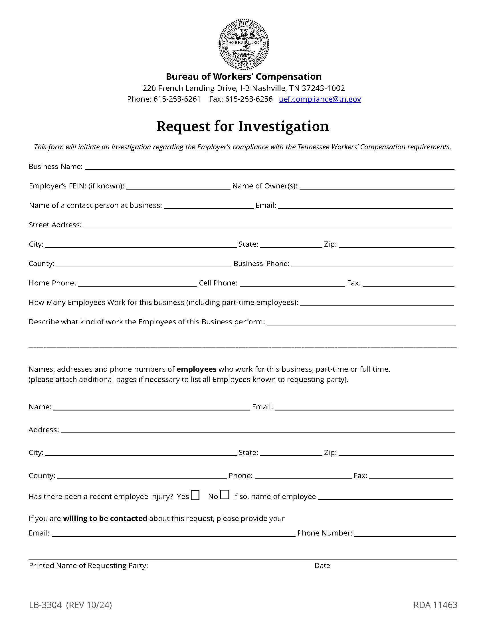 Request For Investigation {LB-3304} | Pdf Fpdf Docx | Tennessee