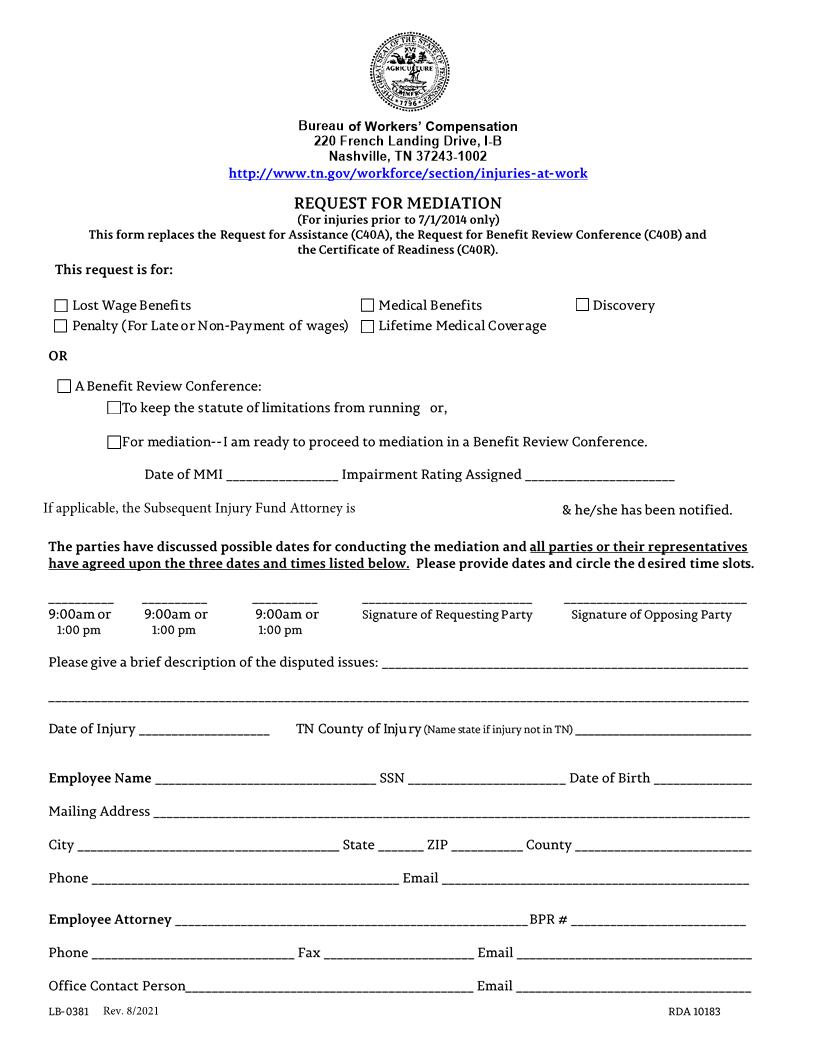 Request For Mediation (Prior To 7-1-14) {LB-0381} | Pdf Fpdf Docx | Tennessee